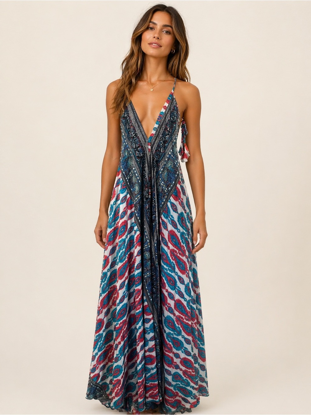Boho V-Neck Maxi Dress in Teal & Pink